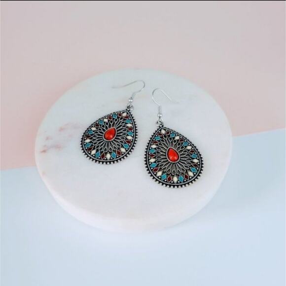 Red, blue, cream boho statement drop earrings - Picture 3 of 5